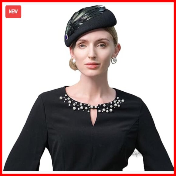 Wool Beret Hat with Feathers, Adjustable Drawstring, Dressy Occasions main image 5